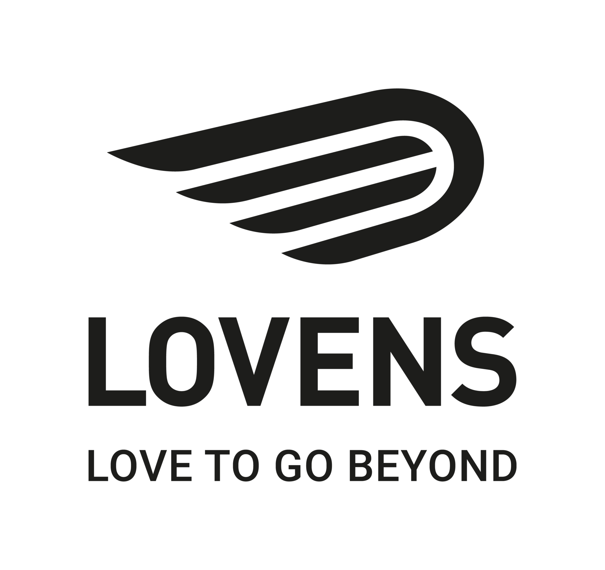 Logo der Marke Lovens mit stilisiertem Flügel und Slogan Love to Go Beyond in schwarzer Schrift